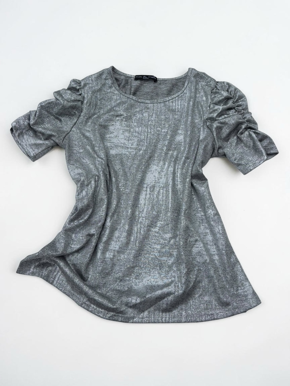 Silver Grey Metallic Puff Sleeve Top Y2K Futuristic Disco Office Siren M